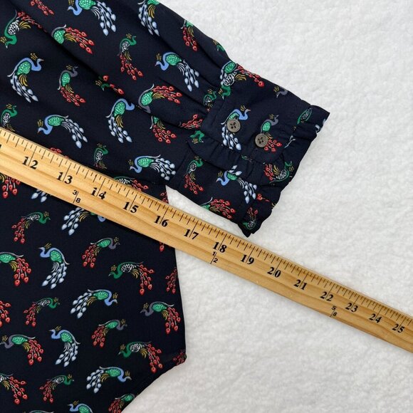 Loft Peacock Print Ruffle Neck Blouse Button Up Long Sleeve Navy Blue Size M - Picture 12 of 12